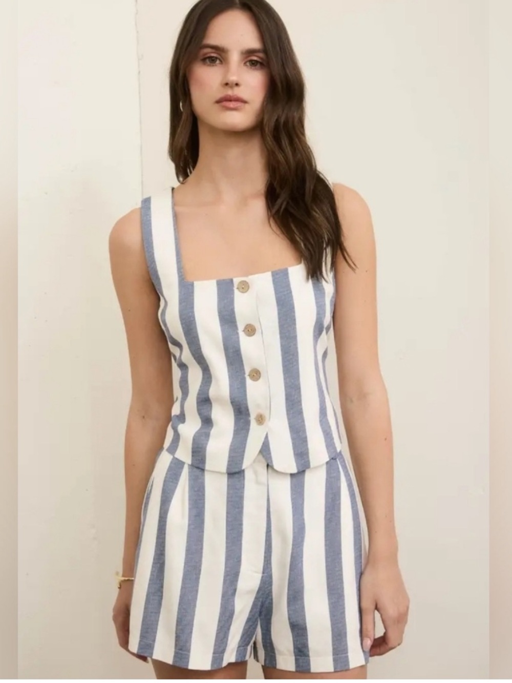 The Workshop Linen Rayon‎ Blue White Striped Vest Top Shorts 2-piece Set Large